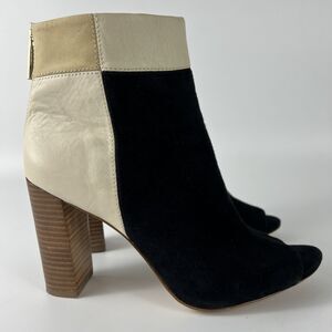 Louise et Cie Color Block Leather Ankle Boots Sz 10 Black Ivory Tan‎ Open Toe 4”